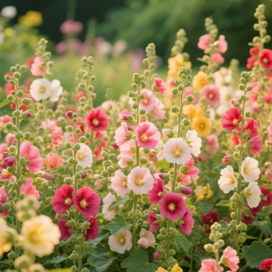 200pcs Mixed Color Hollyhock Seeds – Elegant, Vertical Flowers Loved by Bees and Butterflies